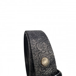 Ceinture cuir de buffle noir, détail roses embossées, Tucker