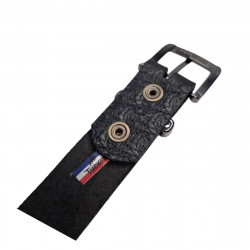 Ceinture cuir de buffle noir, détail roses embossées, Tucker