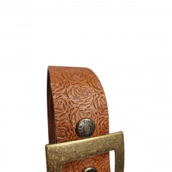 Ceinture souple embossée, motif Roses, cuir de vachette couleur fauve, Tucker