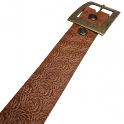 Ceinture souple embossée, motif Roses, cuir de vachette couleur fauve, Tucker