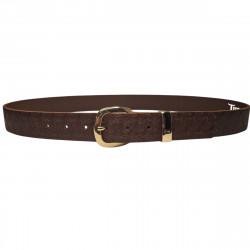 Ceinture marron chocolat embossée motif roses,  cuir de taureau, Tucker