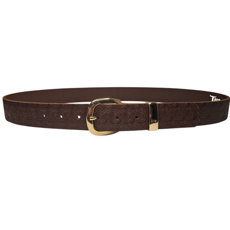 Ceinture marron chocolat embossée motif roses,  cuir de taureau, Tucker