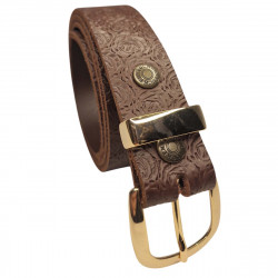 Ceinture marron chocolat embossée motif roses,  cuir de taureau, Tucker