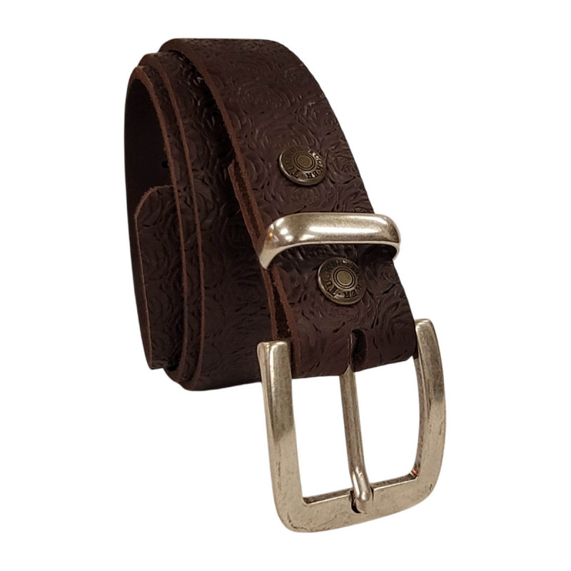 Ceinture marron chocolat embossée motif roses,  cuir de taureau, Tucker